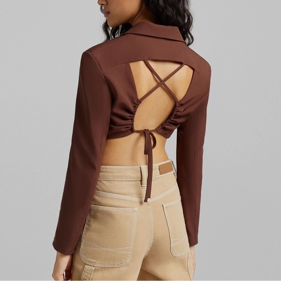 BERSHKA |🤎 Chocolate Brown Open-Back Cropped Co-Ord Blazer Top ✨NWT!✨ - Picture 2 of 12